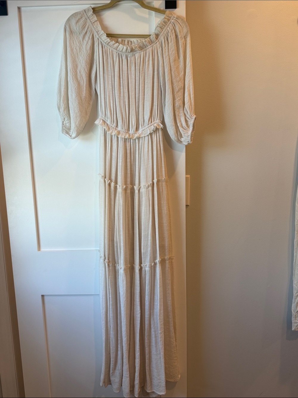 Boho Cream Tiered Maxi Dress with Elasticized Neckline